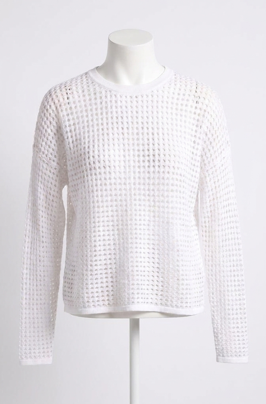 NEW MINNIE ROSE cotton cashmere open stitch pullover top in white